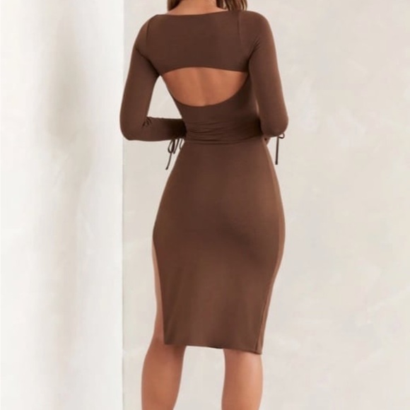 Oh Polly Square Neck Long Sleeve Midi Dress in Brown - Picture 2 of 3